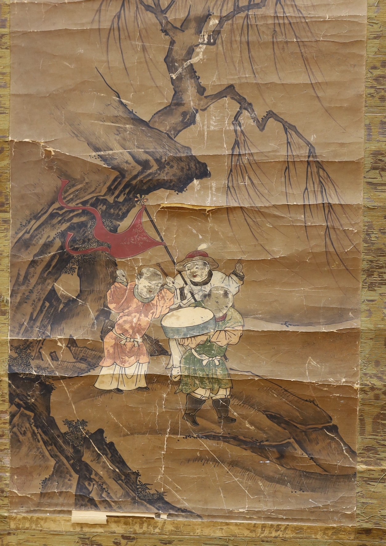 A 19th century Chinese scroll painting on paper of boys in a landscape, Image 69 cm X 31.5 cm